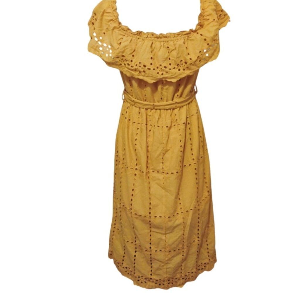 Simplee Dress Mustard Cotton Off Shoulder Ruffle Eyelet Cottage Prairie Peasant - Picture 3 of 14